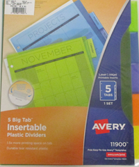 DIVIDERS INSERTABLE PLASTIC 5 TAB ASST 11900